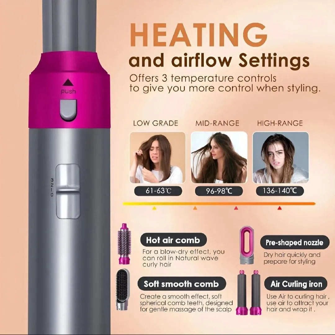 5 in 1 Hair Styler Pink Silver Frizz Free