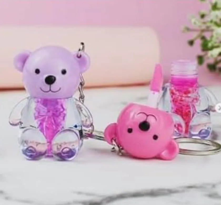 Teddy Bear Lip Oil Set 6pcs Glossy Pink Keychain