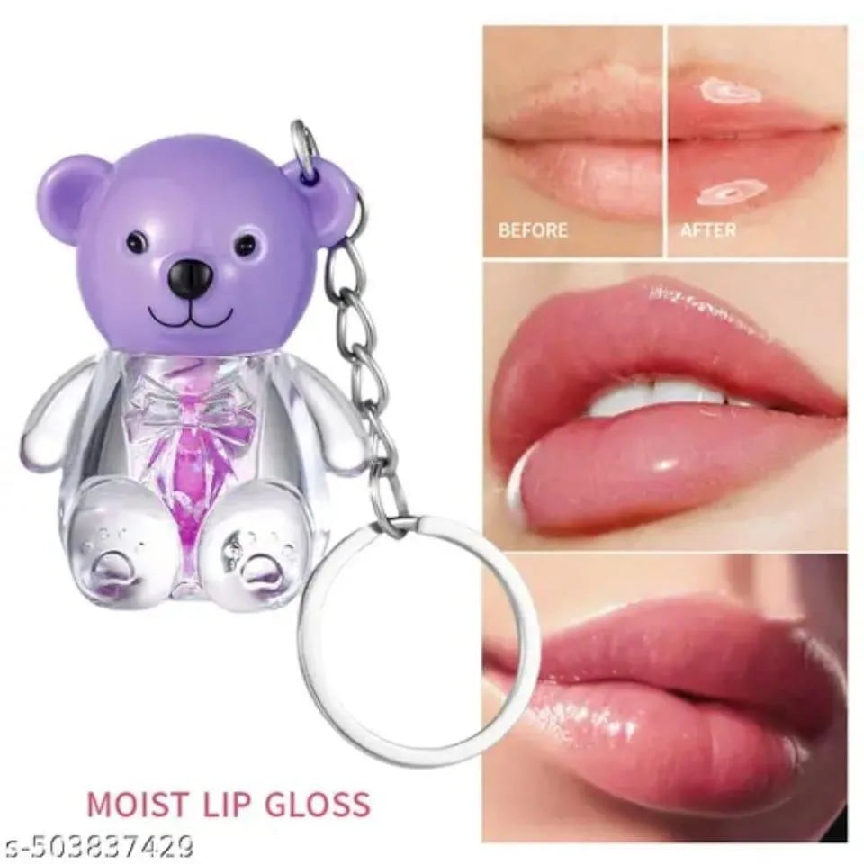 Teddy Bear Lip Oil Set 6pcs Glossy Pink Keychain