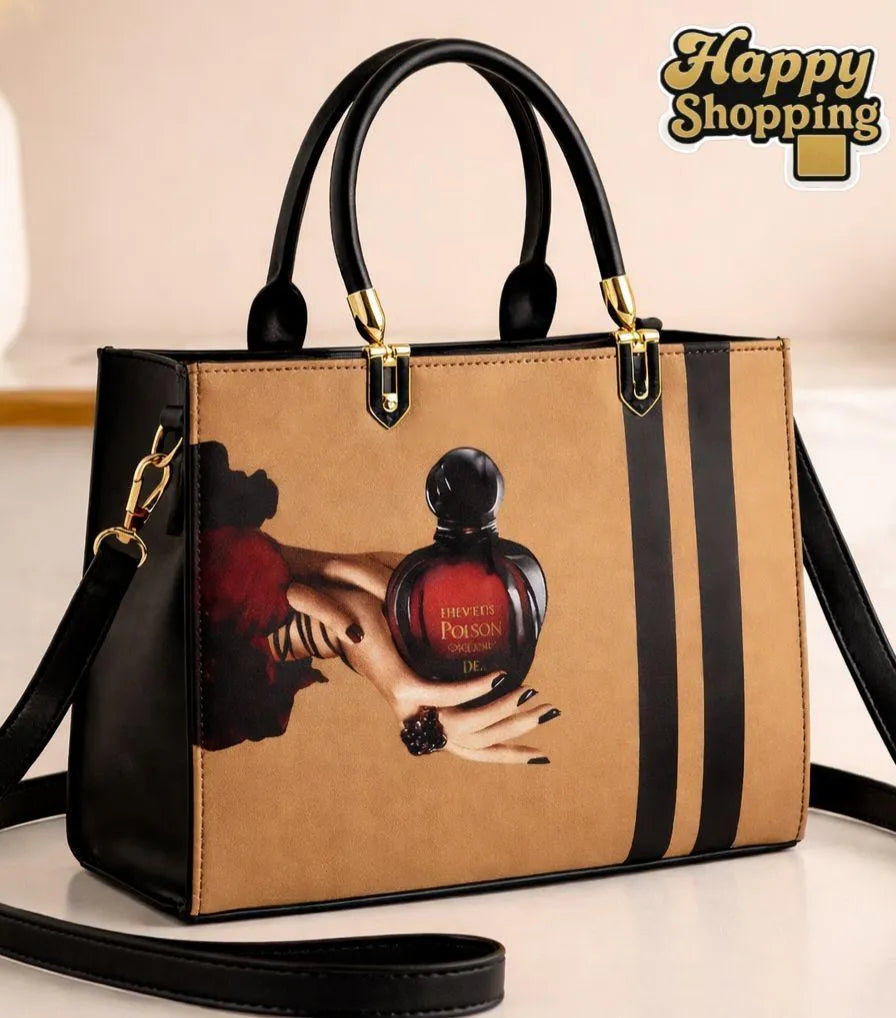 Perfume Bottle Print Shoulder Bag Pink Black Gold