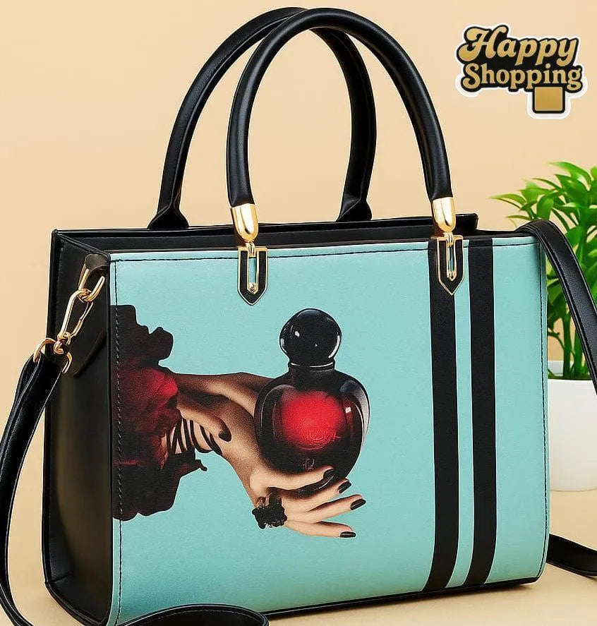 Perfume Bottle Print Shoulder Bag Pink Black Gold