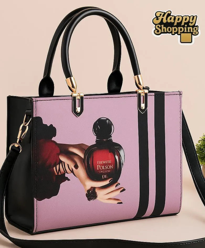 Perfume Bottle Print Shoulder Bag Pink Black Gold