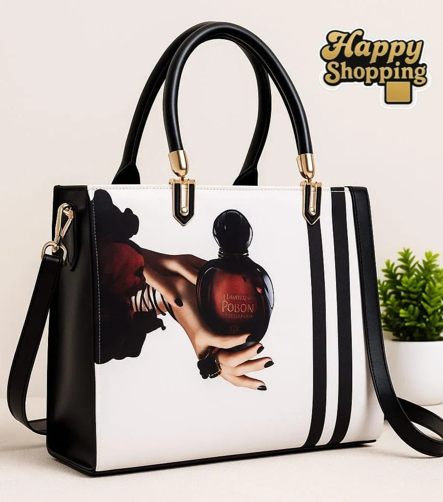 Perfume Bottle Print Shoulder Bag Pink Black Gold