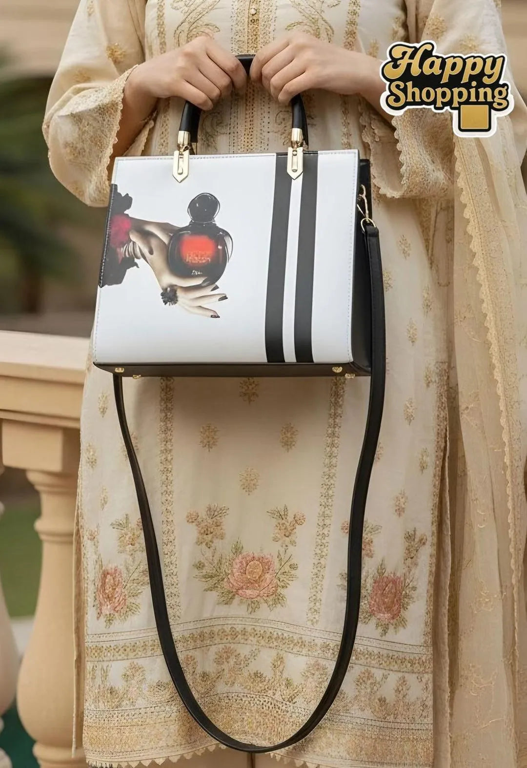 Perfume Bottle Print Shoulder Bag Pink Black Gold