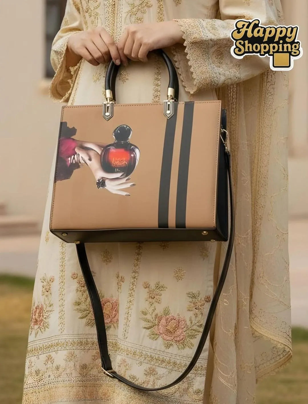 Perfume Bottle Print Shoulder Bag Pink Black Gold