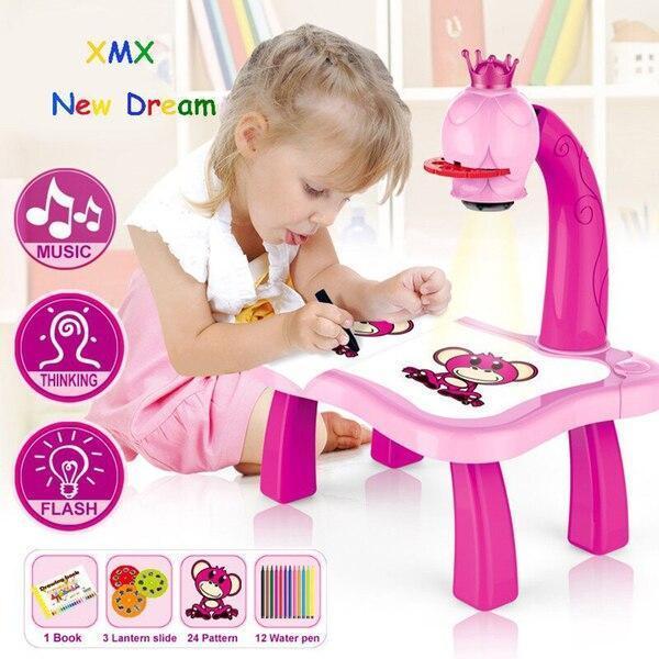 Kids Drawing Table & Projector Set Yellow & Pink Plastic