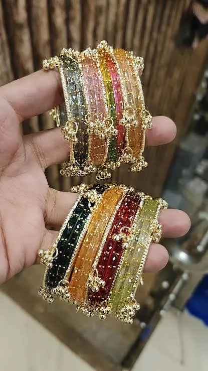Kashmiri Bangles Multicoloured Gemstone Kara Bangle Set For Women