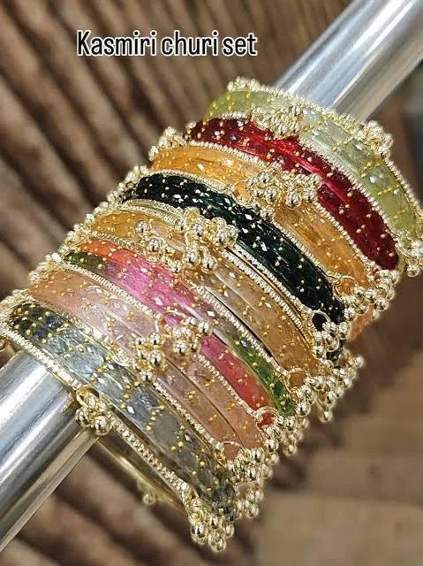 Kashmiri Bangles Multicoloured Gemstone Kara Bangle Set For Women