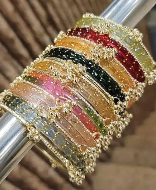 Kashmiri Bangles Multicoloured Gemstone Kara Bangle Set For Women